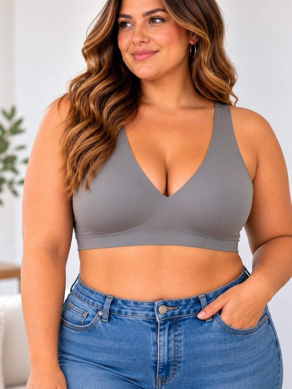 True & Co. Wireless V-Neck Bra in Gray, Size 3X Grey Shapewear Plus No Wire